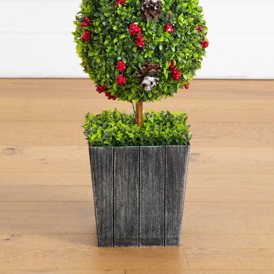 Nearly Natural 3.5ft. Pre-Lit Artificial Christmas Boxwood Snowman Topiary Tree in Decorative Planter